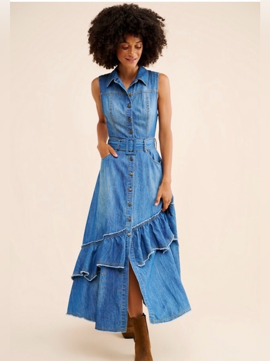Free People Dresses & Skirts - Free People Beau Midi denim asymmetrical tiered dress medium like new
